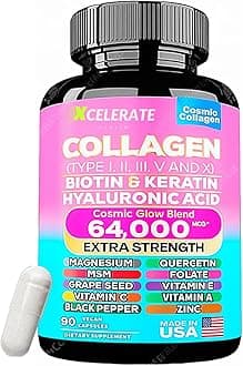 Cosmic Glow Blend Collagen Peptides Types I, II, III, V & X MCG Biotin Keratin Hyaluronic Acid MSM Vitamin A,C & E Folic Acid Zinc Magnesium with Grape Seed Extract with Black Pepper (90 CAPS)