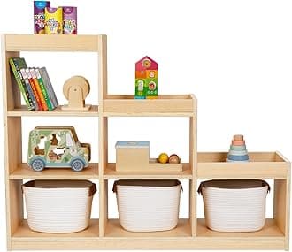 OOOK 6 Cube Shelves Storage Cabinet, L Shaped Freestanding Ladder Corner Bookshelf 6 Cubes Stepped Etagere Bookcase, 3 Tier Wooden Storage Display Shelf Kids Furniture, Natural