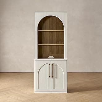 Blake Storage Cabinet with Hutch, Sideboard Buffet with Storage, Kitchen Pantry Sideboard, Coffee Bar Station, Trophy Display Case, Display Cabinet for Living Room (White Oak Arched)