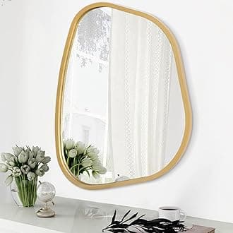 Asymmetrical Accent Mirror for Wall Irregular Oval Wood Frame Modern Unique Wall Mirror Decorative Vanity Bathroom Living Room Bedroom Entryway Hallway Artistic Mirror Small Gold 14"x10"