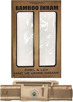 ModefaIslamic Men's Ihram Set for Hajj Umrah - Set of 2 - Viscose from Bamboo + Cotton Towels 110 x 220cm (Fej Gear Belt Combo Set)