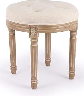 Vonluce Vintage Round Brushed Wood Stool with Diamond Tufting, 18-Inch, Beige