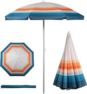5.5 Ft Portable Beach Umbrella, Lightweight UV Protection Sunshade with Tilt Pole & Carry Bag, Outdoor Canopy Umbrella for Beach, Sand, Pool, Patio, Camping, Travel, or Backyard Shade, (Phoenix Stripe)