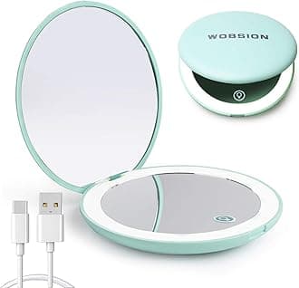 WOBSION Led Compact Mirror,Rechargeable 1x/10x Magnification Compact Mirrors with Light,Dimmable Small Travel Makeup Mirror for Handbag,Pocket,Purse,Handheld,Gifts for Girls,Cyan
