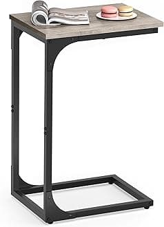 C-Shaped End Table, Small Side Table for Couch, Sofa Table with Metal Frame for Living Room, Bedroom, Bedside, Greige and Black