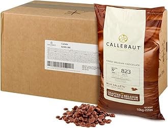 Callebaut 823 Milk Chocolate Callets - 44 LBS Belgian Baking Chocolate Callets - Min 30.2% Cocoa butter, 4.9% fat free cocoa, 6% Milk fat, 15.8% Fat free milk - Recipe 823NV-595 - 44 Lbs (20 kg)