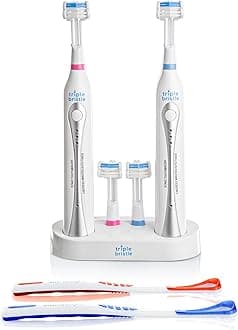 Triple Bristle Sonic Duo Electric Toothbrush - Perfect for Families & Couples - Keeps Bathroom Counter Clean - 2 Toothbrushes & Dual Rechargeable Stand - 4 Brush Heads - Who Wants To Share?