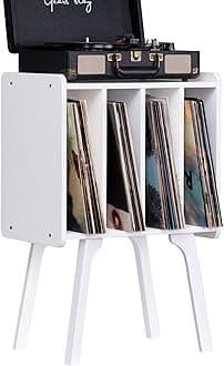 Small Record Player Stand - Width 11.7 In, White Vinyl Record Storage Table with 4 Cabinet Up to 80 Albums, Vinyl Holder with Wood Legs,Turntable Stand Display Shelf for Bedroom Living Room