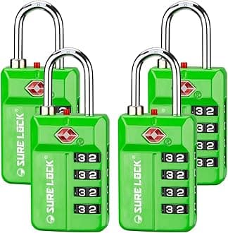 SURE LOCK TSA Approved Travel Luggage Locks, Open Alert Combination Lock for School Office & Gym Locker,Toolbox, Pelican Case,Easy Read Dials- 1, 2 & 4 Pack, Green 4 Pack, L, Compact