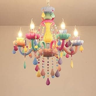 LAKIQ Colorful Crystal Hanging Chandelier Light Fixture 6 Lights European Girls Room Pendant Ceiling Lighting Candle Chandelier for Girls Bedroom Living Room Dining Room Coffee Shop (Style B)