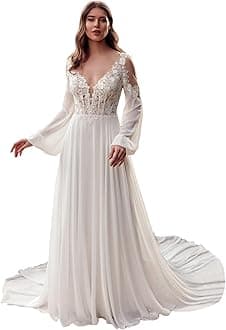 Miao Duo Plus Size Wedding Dresses Long Sleeves Lace Appliqued Chiffon Bridal Wedding Gown for Women White 22W