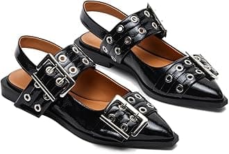 Aimery Women Buckle Ballet Flats Pointed Toe Slingback Wide Flat Casual Comfortable Ballerina Block Heel Shoes