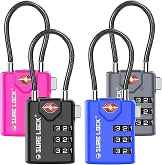 SURE LOCK TSA Approved Combination Luggage Locks with Open Alert Indicator – Durable Zinc Alloy Cable Travel Locks with Large Easy-Read Dials for Suitcases, Backpacks & Gym Bags（ Four Colour）