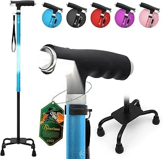 Quad Cane Walking Cane with Two Led Lights with Big Base T Handle＆Lightweight Adjustable Walking Stick Four Pronged Sturdy for Men and Women