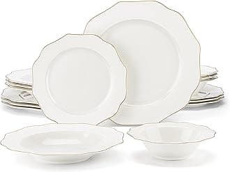 MALACASA Bone China Dinnerware Set, 16 Pieces Cream-White Plates and Bowls Sets with Gold Rim, Serving Plates and Small Bowls for Dessert Salad Soup Pasta Cereal, Scratch Resistant, Series LOTUS