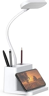 AXX LED Small Desk Lamp, Desk Lamps for Home Office, White Desk Light for Kids, Desktop/Computer Study Lamps for Bedrooms, Rechargeable, Battery Operated, Pen Holder, Adjustable Gooseneck Reading Lamp