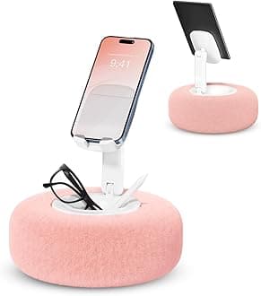Phone Stand with Pillow, Adjustable iPhone Stand with Anti-Slip Strips, Fuzzy Tablet Holder– Compatible with 4"-7" Devices, Including iPhone, iPad, Kindle, and Android (Pink)