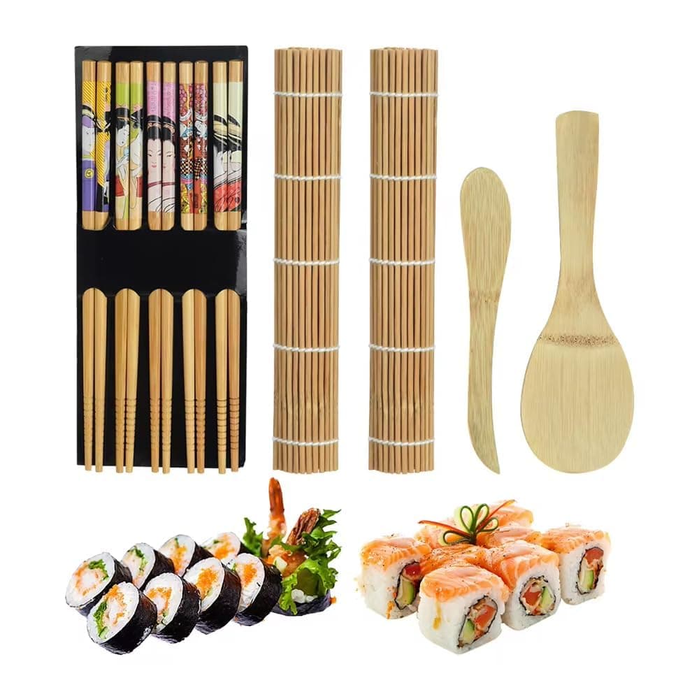 9 PCS Sushi Making Kit,Complete Sushi Maker Kit for Beginners & Pros, Bamboo Rolling Sushi Maker, Includes 2 Sushi Curtain, 1 Spoon, 1 Blade, 5 Pairs of Chopsticks, Easy to Use