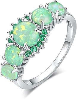 CiNilySilver Plated Green/Pink/White Fire Opal Ring Emerald Gemstone Ring Size 5-12