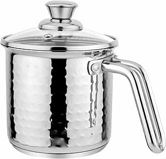 Heavy Gauge Encapsulated Base Stainless Steel Compatible with Induction & Gas Stove Base Hammered Milk Pot Boiler with Glass Lid, Capacity 1.1 L, Size 11 cm, Durable for Long Term