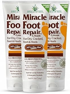Miracle Foot Repair Cream (8 oz / 3-Pack) Repairs Dry Cracked Heels and Feet, 60% Pure UltraAloe Moisturizes, Softens, and Repairs