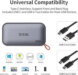 SSK 500GB Portable External NVME SSD,up to 1050MB/s Extreme Transmission Speed USBC 3.2 Gen2 Solid State Drive for Type-c Smartphone,PS5,xBOX, Laptop,Macbook/Pro/Air and more