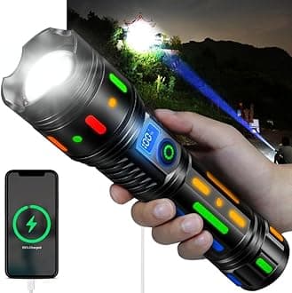 smars High Powered Handheld Flashlight, Rechargeable LED Torch with a Long-Range Reach, Colorful Fluorescent Strips Body, Mechanically Zoomable, for Hunting, Searching, Fishing, Exploring.