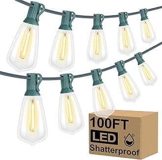 Brightever LED Outdoor String Lights 100FT with 52 Shatterproof ST38 Vintage Edison Bulbs, Outside Hanging Lights Waterproof for Patio, Porch, Deck, Garden, Backyard, Balcony, Green Wire