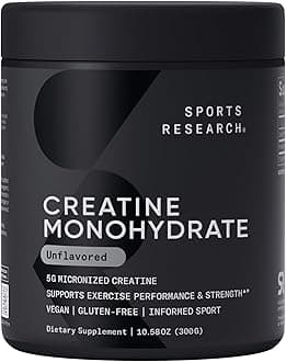 Sports Research Creatine Monohydrate - Gain Lean Muscle, Improve Performance and Strength and Support Workout Recovery - 5 g Micronized Creatine - 10.58 oz