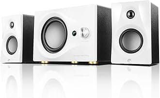 M10 Plus White Bookshelf Speaker, Bluetooth Powered Computer Speakers with Subwoofer 2.1 Home Speakers Stereo System – 60W RMS – AUX Audio