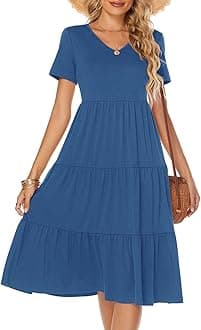 Berydress Women's Casual Summer Tiered Midi Dress 2025 Short Sleeve V-Neck Loose Cotton Ruffle Babydoll Dress Boho Sundress