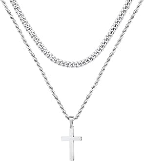 Easter Gifts for Men Boys Kids - 18K Gold Plated Cross Necklaces Chain for Men Boys Gifts, Silver Rope Chain Layered Necklace Jewelry 16 18 20 22 24 Inch