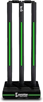 Cockatoo Premium Cricket Wicket Set l Heavy Duty Plastic l Black Fluorescent Green l Standard Size l 3 Stumps+2 Bails+1 Stand Set l Professional Quality for Cricket Ground, Match, and Tournament