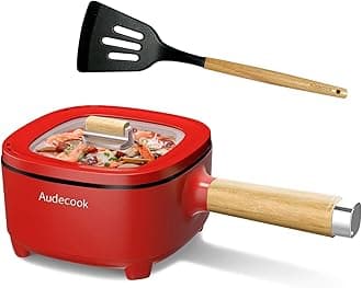 Audecook Electric Frying Pan 2L, Upgraded Non-Stick Ceramic Frying Pan 24 cm, Multifunction Electric Pasta Pan for Steak, Eggs, Ramen, Soup, Oatmeal (Red, Steamless)