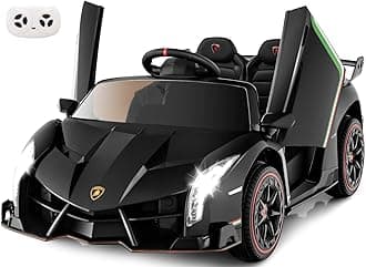 INFANS 2 Seater Kids Ride on Car, 12V 4WD Licensed Lamborghini Veneno Powered Electric Vehicle with Hydraulic Doors, Rocking Mode, Adjustable Speeds, Remote Control, MP3, Headlight (Black)
