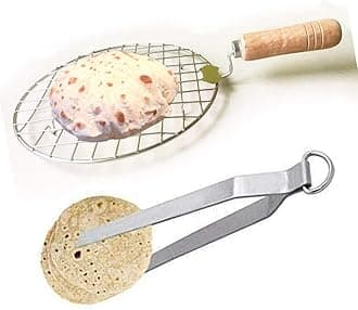Wooden & Steel Roasting Net with Tong,Pakkad,Roasting Net,Stainless Steel Wire Roaster,Cooking Rack,Papad Grill,Chapati Grill,Roaster,Food Tong