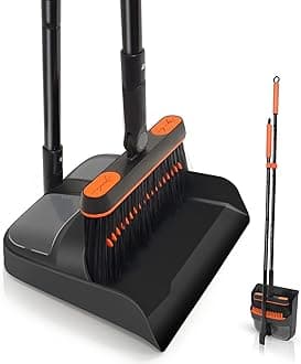 JEHONN Dustpan and Brush Set Long Handled, Tall 180 Degree Rotating Sweeping Brush, Household Dust Pan with Comb Teeth for Indoor Outdoor Garden Home Room Kitchen Office Lobby, Orange and Black