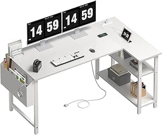 White L Shaped Computer Desk with Power Outlet Shelves, 47 Inch Corner Desk for Home Office Bedroom, L-Shaped Study Writing Working PC Desks, White