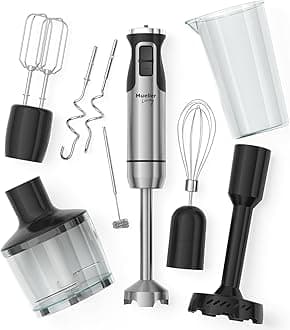 MuellerLiving Hand Blender, Immersion Blender, Hand Mixer with Attachments: Stainless Steel Blade, Whisk, Milk Frother, Beaters, Mixing hooks, Potato masher, Chopper bowl