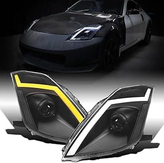 Fits 2006-2009 Nissan 350Z Upgraded Replacement HID Xenon Projector Headlights LED Switchback Sequential Turn Signals + Animated Startup Effect Assembly Pair | Black