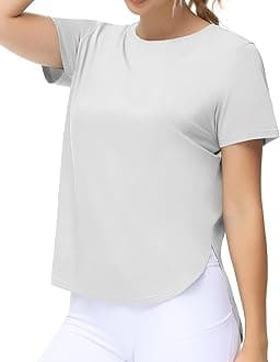 THE GYM PEOPLE Women's Workout T-Shirts Loose Fit Short Sleeve Cotton Running Basic Tee Tops with Split Hem