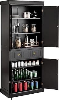 TANGZON Tall Kitchen Cupboard, 183cm 4-door Storage Cabinet with Drawer, Adjustable Shelves, Door Racks & Anti-tipping Device, Freestanding Wooden Sideboard Organiser (Dark Brown, without Door Racks)