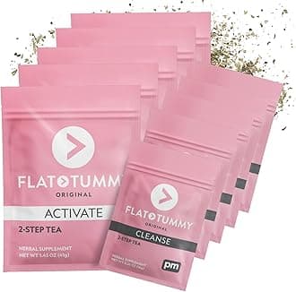 Flat TummyDetox Tea (4 Week Program) – 2-Step Detox Tea to Boost Energy & Reduce Bloating* - All Natural Detox Cleanse w/Green Tea, Lemon Balm, Dandelion, Fennel, & More - Digestion support (5 Pack)USDA Organic