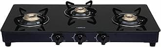 Vetro 3 Burner Auto Ignition Gas Stove | 773 CT VETRO BLK AI | Brass Burners | Toughened Glass Top | Euro Coated Pan Support | 7-Year Glass Warranty | Black