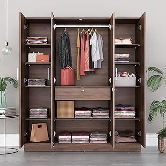 Wardrobe | 1 Year Warranty | Engineered Wood Almirah, Cupboard for Clothes Storage | 4 Door, Mirror, 1 Drawer, 1 Hanging Space | Gingham - Columbian Walnut