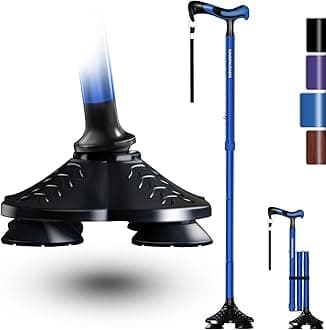 KingPavonini Walking Cane for Men Women Stability, Free Standing Foldable Cane, Ergonomic Handle Pivoting Quad Base, Heavy Duty 350 LBs, Adjustable Walking Canes for Seniors Balance with Travel Bag