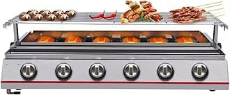 Barbecue Grill 6Burner BBQ Gas Grills Free-Standing Portable Outdoor Picnic Cooking Stove Adjustable Temperature With Sear Side Burner/Food Tray For Home Stores Restaurants (Silver)