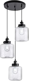 Weesalife Industrial Pendant Light with Seeded Glass Shade Black 3-Lights Cluster Pendant Lighting Adjustable Retro Style Hanging Light Fixture for Kitchen Island, Dining Room, Foyer, Farmhouse
