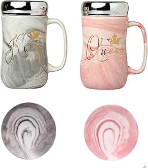 King and Queen Coffee Mugs Set with Glass Lids, Wedding Gifts for Bride and Groom, Anniversary Gift for Couple, Ceramic Couple Coffee Mug Cup for Valentine