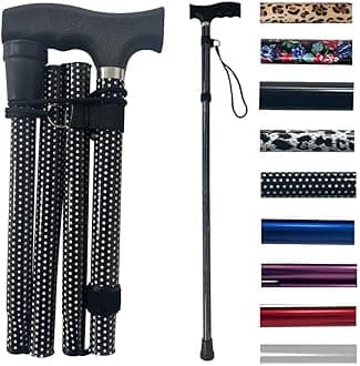 Life Healthcare Folding Walking Stick–Adjustable Height Lightweight Aluminium Cane for Elderly Disabled Men & Women–Non-Slip Rubber Tip Ergonomic Handle & Travel-Friendly Design (Polka Dot)